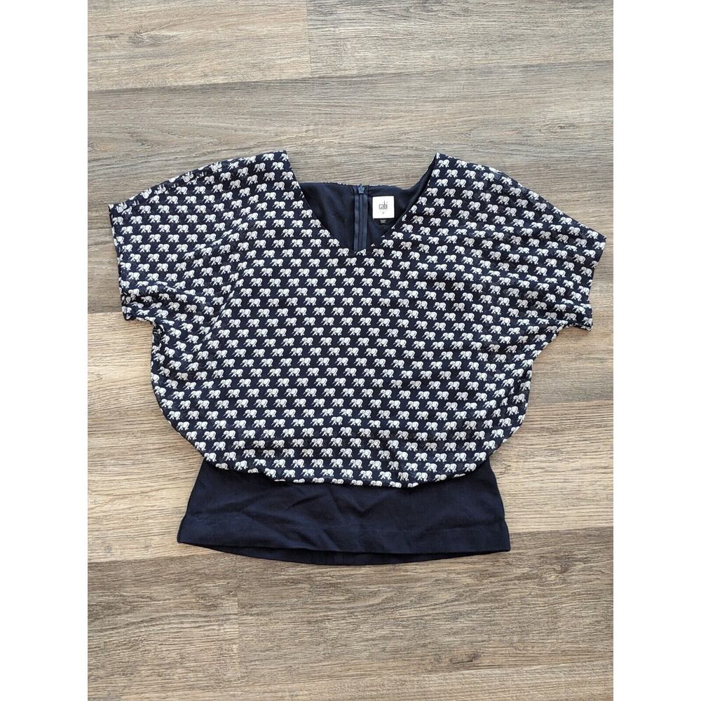 Cabi Parade Blouse Top Size M Elephant Print Style # 5345 Navy Blue White Top
